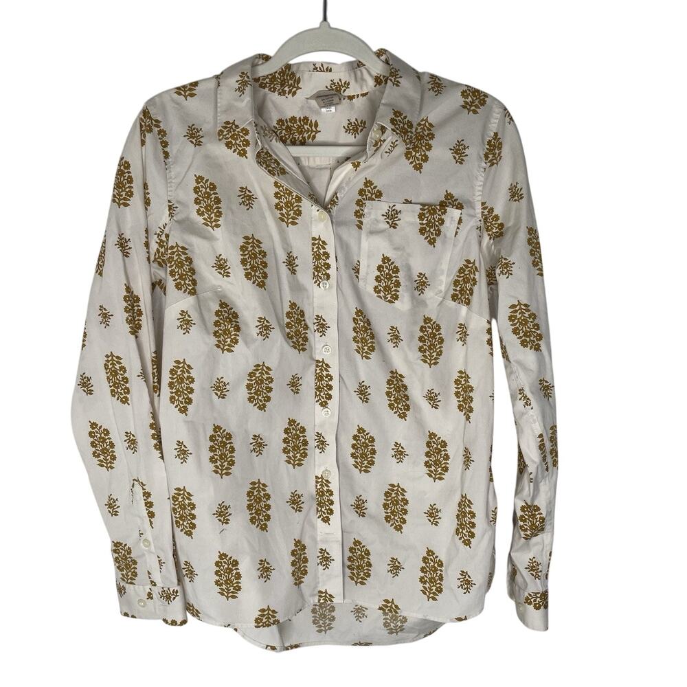 Duluth Wrinkle Fighter Button Front Shirt Womens Small Ivory Gold Floral MEDIUM